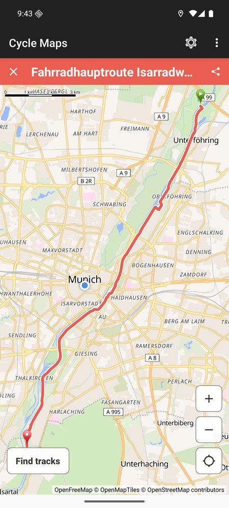 The app on a phone in Munich: a track along the river Isar drawn in red on the map, its name in a bar at the top, and the Find tracks button at the bottom left.